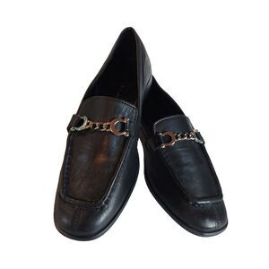 Topshop Leather Shoes Women Size 11 Black Loafers Marked UK Size 9 Chain